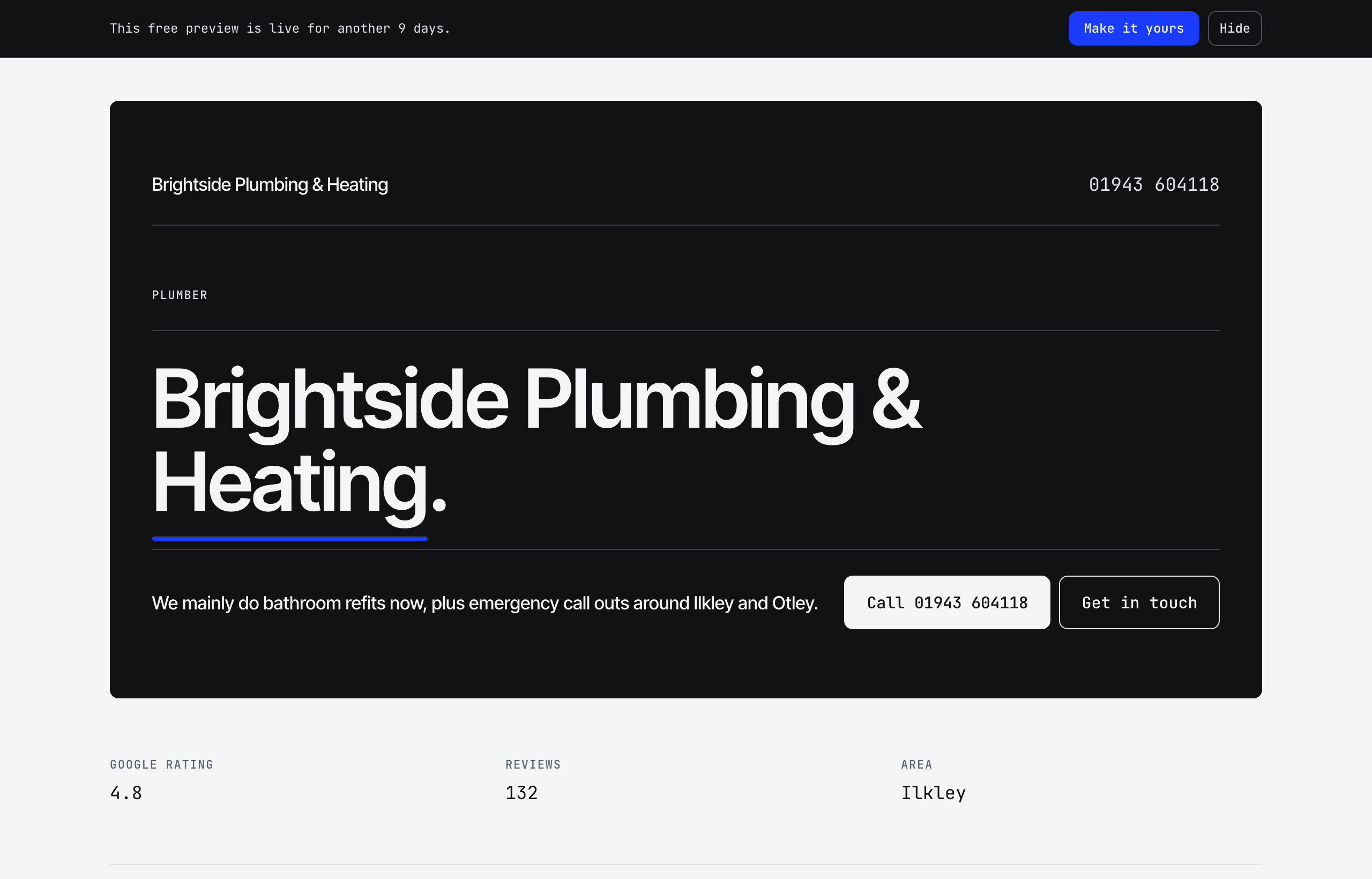 Screenshot of the demonstration website built for Brightside Plumbing & Heating, a sample plumber.