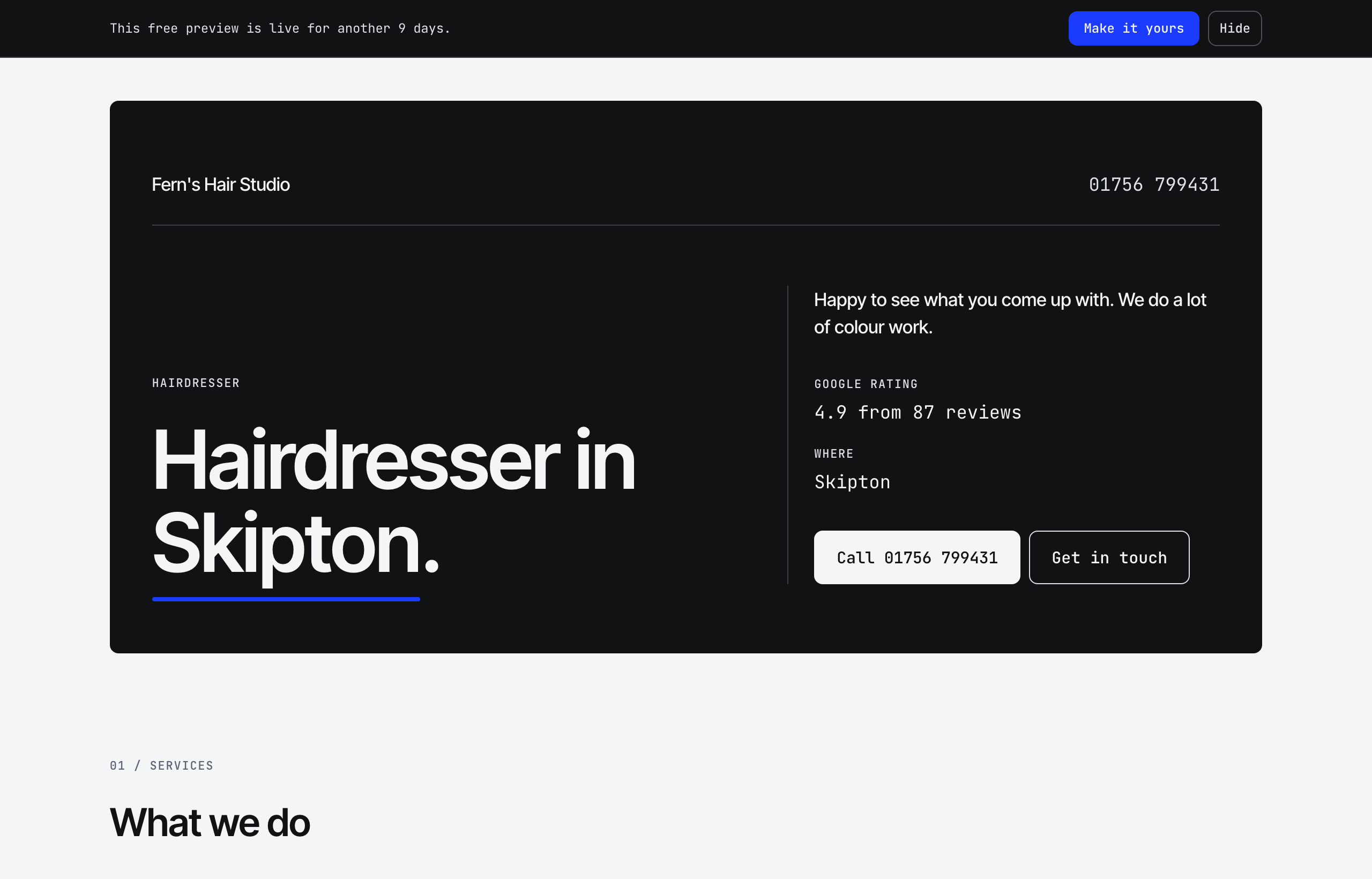 Screenshot of the demonstration website built for Fern's Hair Studio, a sample hairdresser.