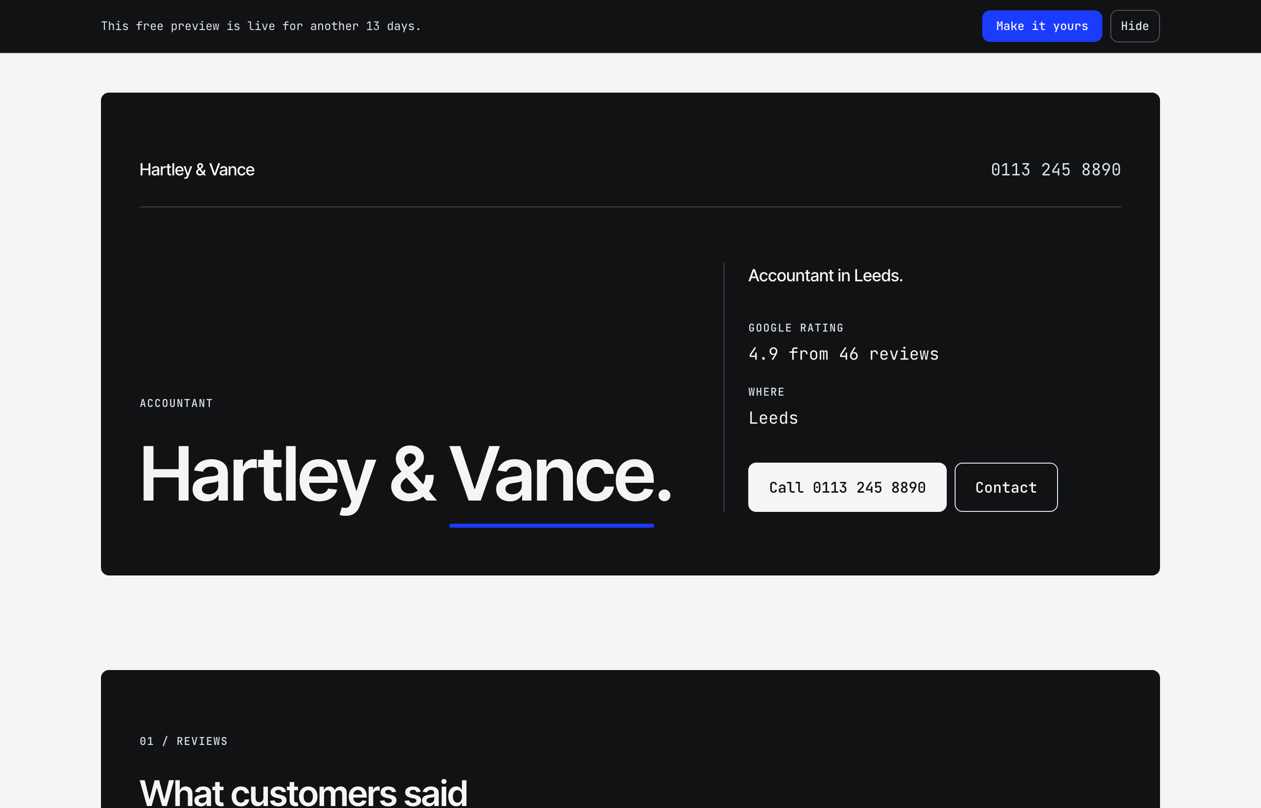 Screenshot of the demonstration website built for Hartley & Vance, a sample accountant.