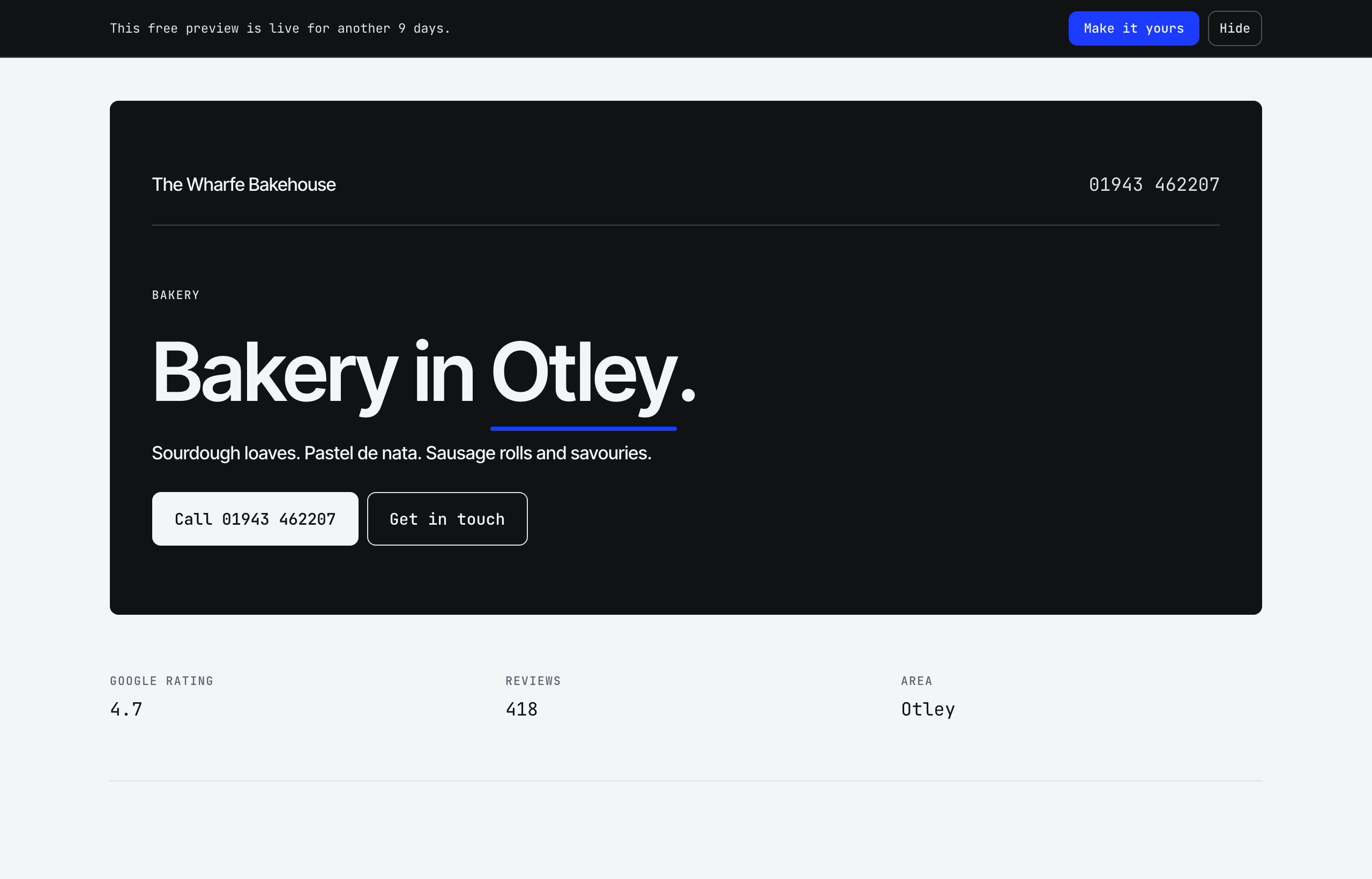 Screenshot of the demonstration website built for The Wharfe Bakehouse, a sample bakery.