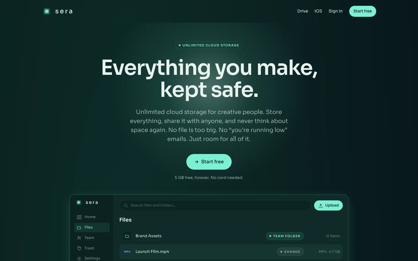 The captured Sera landing page: the wordmark and headline across the top, with the app shown beneath and the sign-up control in view.