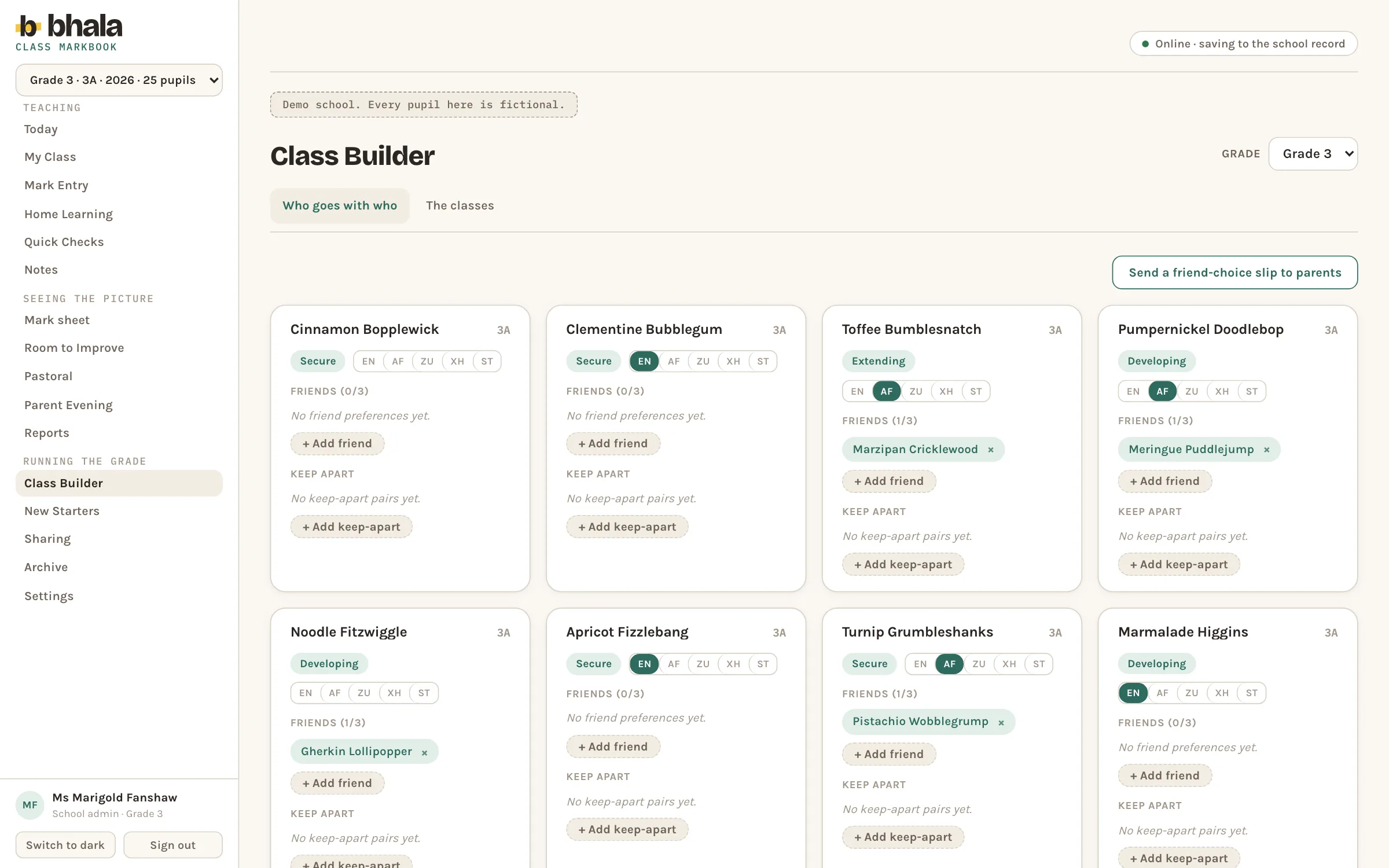 The Bhala class builder screen: tabs for who goes with who and the classes, a send a friend choice slip to parents control, and a grid of pupil cards each carrying a band chip, language chips, a friends list capped at three, and a keep apart list.