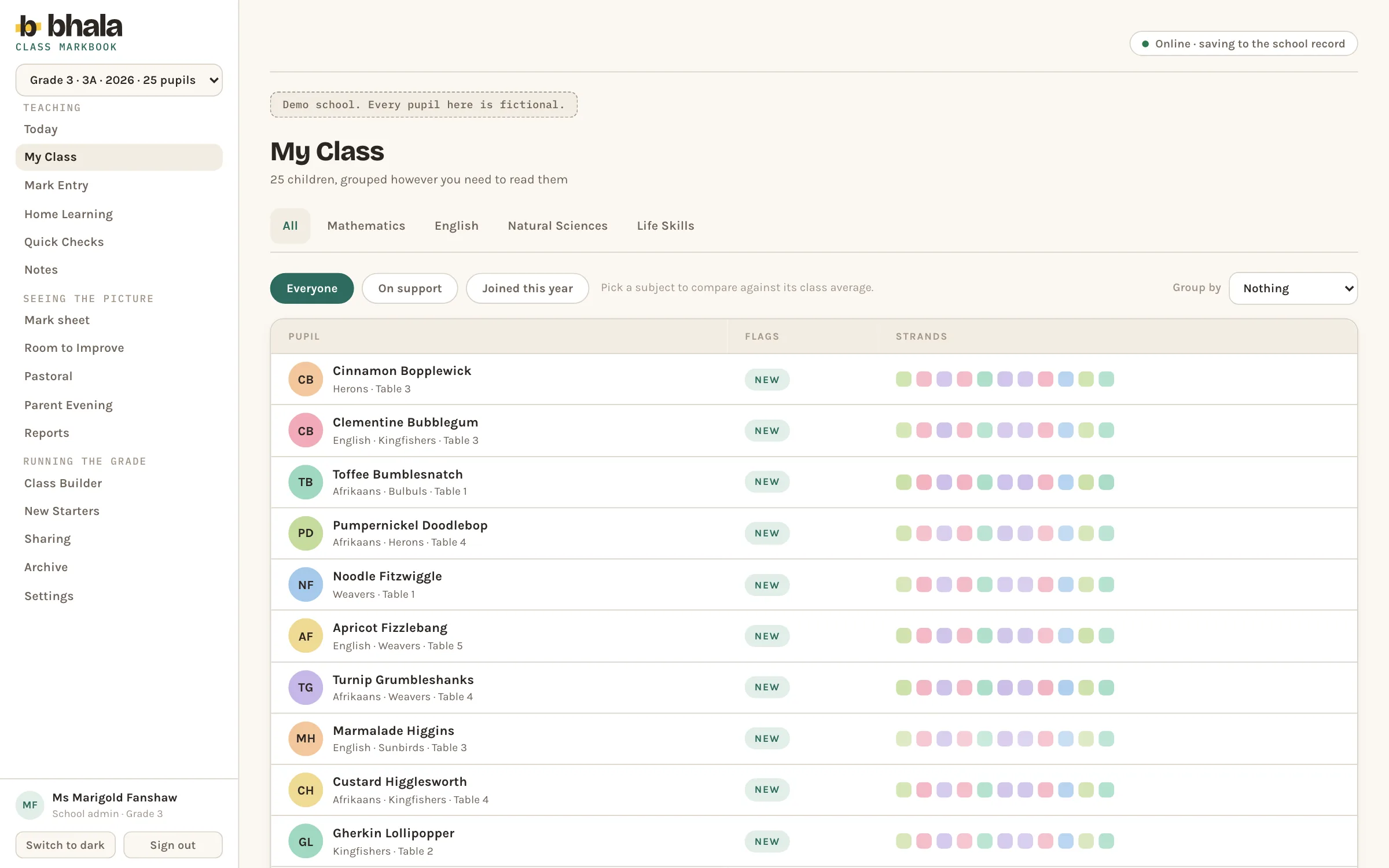 The Bhala my class screen: filters for everyone, on support and joined this year, a group by control, and a row per child with initials, home group and table, a flag chip and a row of coloured strand markers.