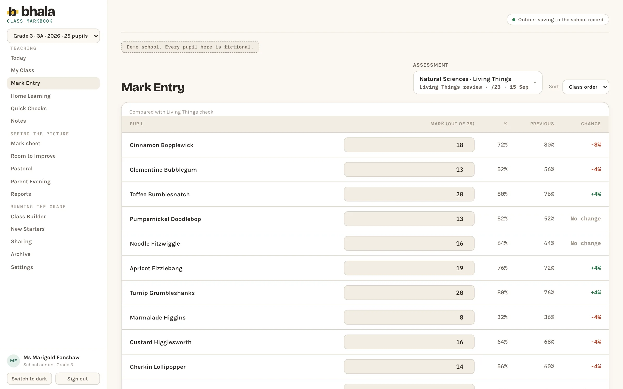 The Bhala mark entry screen: an assessment picker naming the subject and the paper, a sort control, and a row per pupil with a mark box, the percentage, the previous percentage and the change between them.