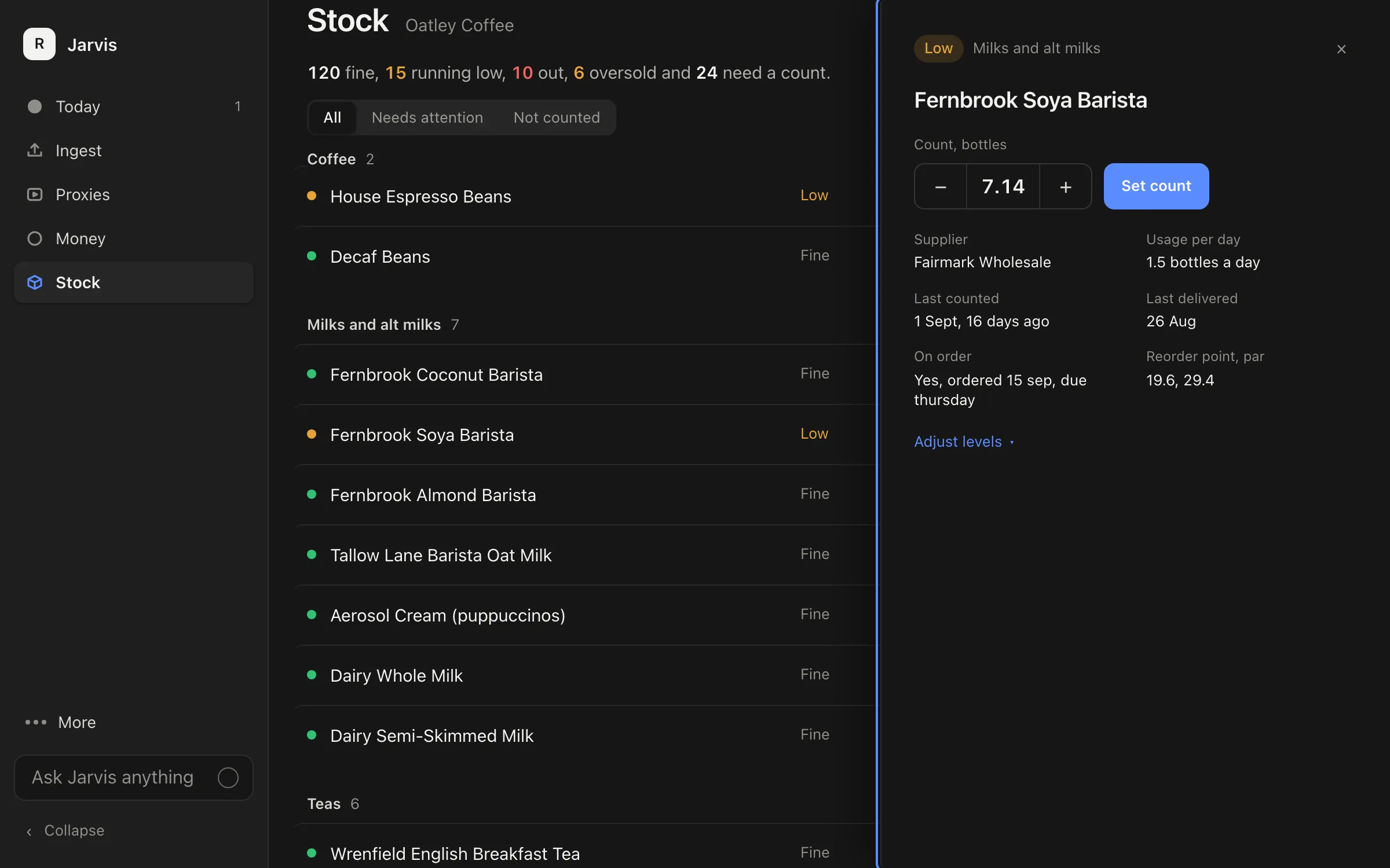An item panel open beside the stock list: a state chip and its category, the item name, a count stepper with a set count control, and paired fields for supplier, usage per day, last counted, last delivered, on order and reorder point and par, with an adjust levels link.