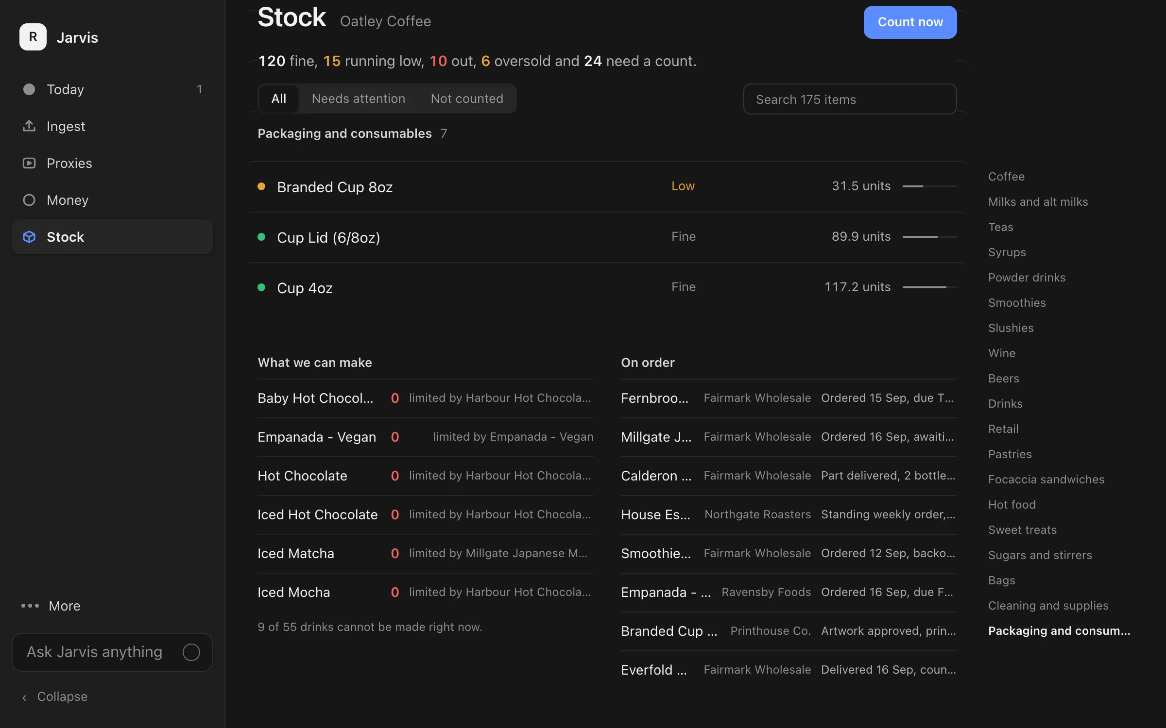 Two panels under the end of the stock list: what we can make, listing drinks with a number and the ingredient limiting each one, and on order, listing item, supplier and a plain language status.