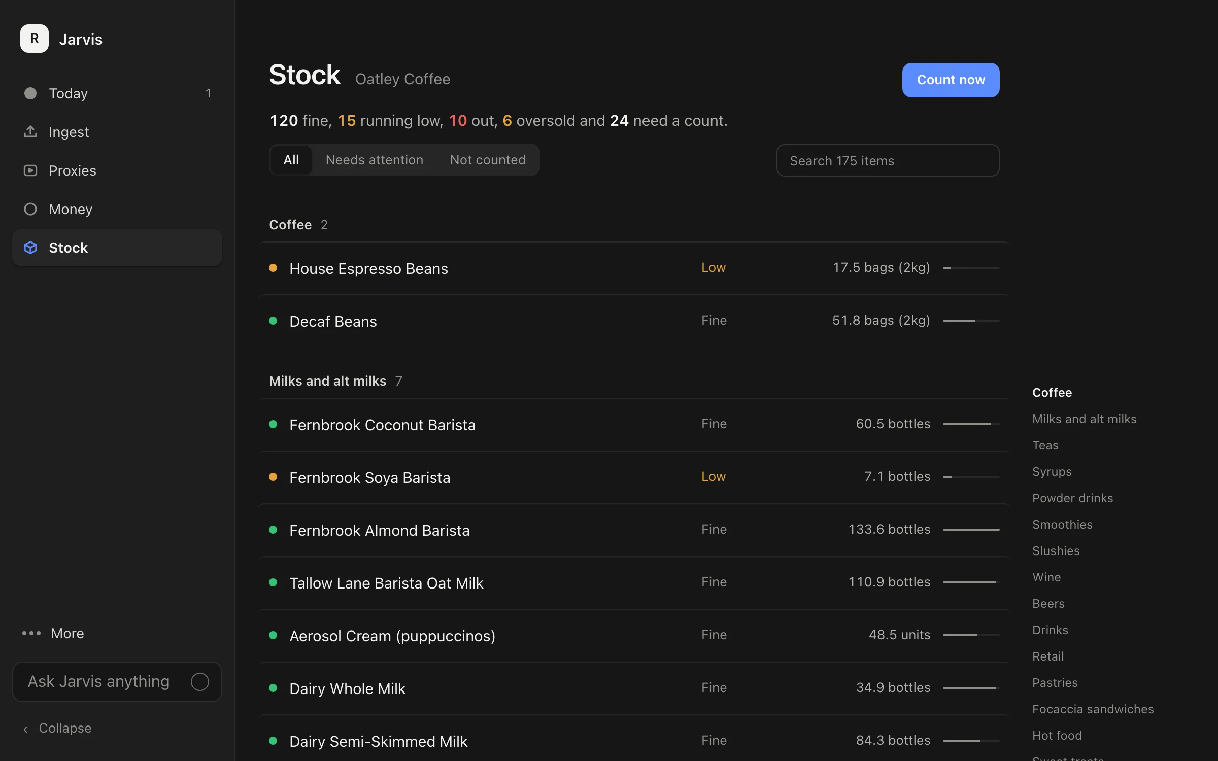 The stock screen: ingredients listed with their current counts beside what they go into, and the next order building at the side.