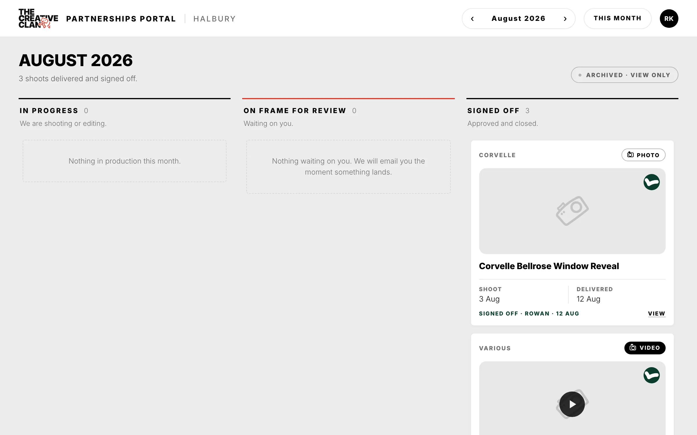 The previous month of the portal board: an archived, view only pill beside the heading, empty in progress and review columns each carrying a line explaining the emptiness, and signed-off jobs listed down the right.