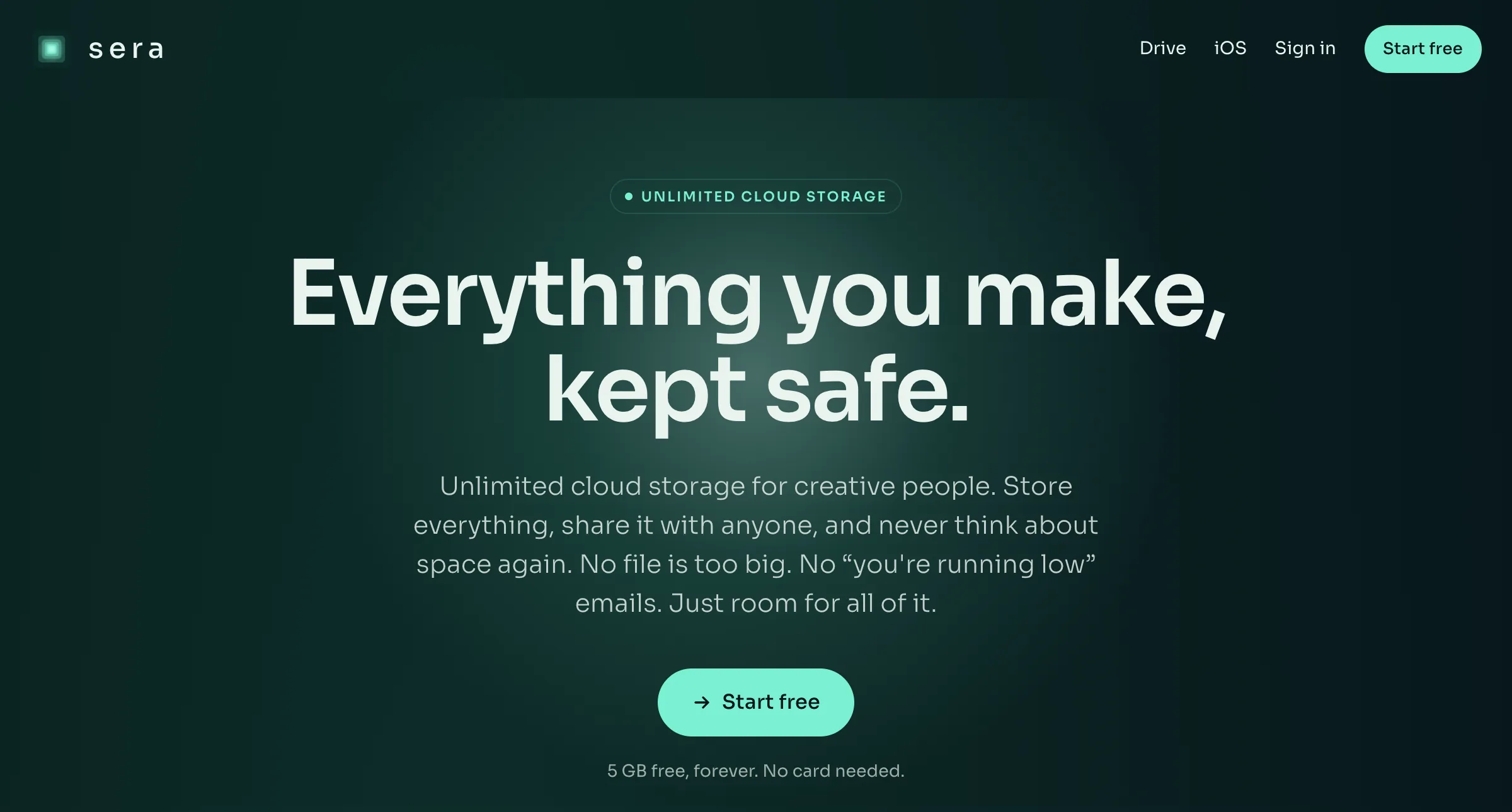 The Sera landing page: the wordmark and navigation across the top, the headline and its paragraph centred, and a single start control beneath them.