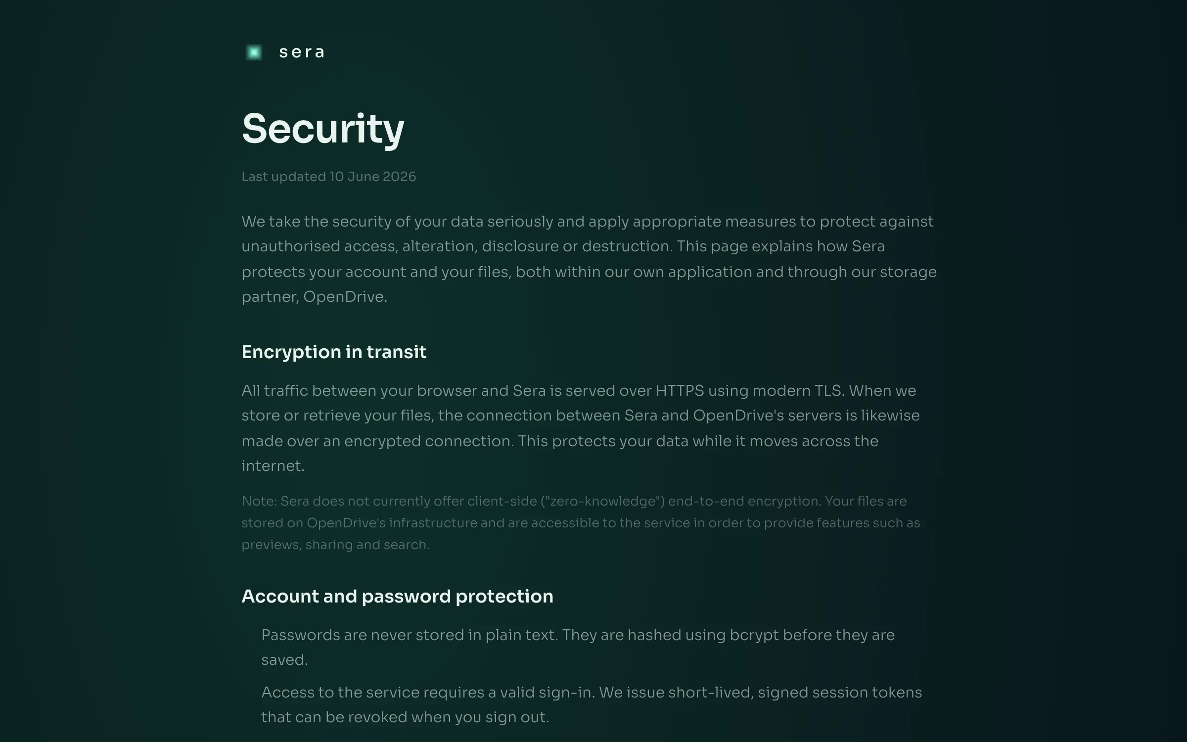 The Sera security page: a heading, the date it was last updated, and sections on encryption in transit and on account and password protection.