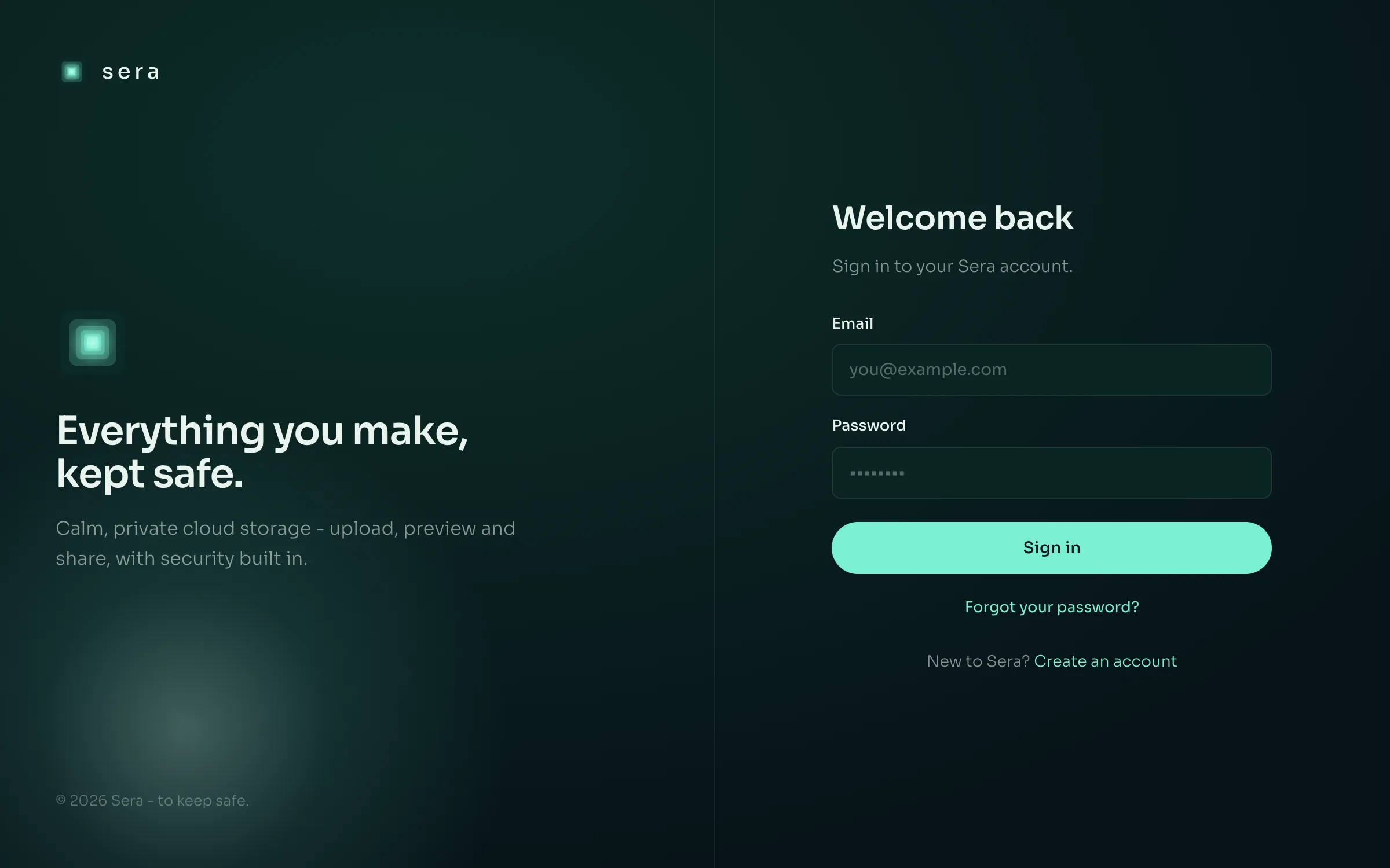 The Sera sign in screen: the wordmark and a line about the product on the left, and on the right a welcome heading with email and password fields, a sign in control, a password reset link and a create an account link.
